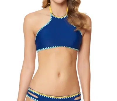 Jessica Simpson Woodstock Reversible High Neck Bikini Top In Marine And Peri In Multi