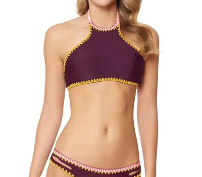 Jessica Simpson Woodstock Reversible High Neck Bikini Top In Merlot And Spice In Multi