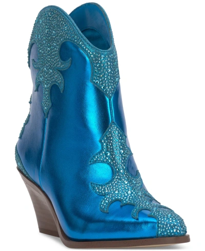 Jessica Simpson Zolly Western-style Block Heel Booties In Amalfi Blue Faux Leather