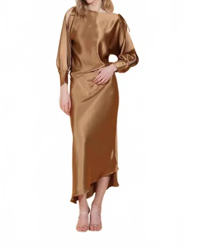 Jessie Liu Asymmetrical Hem Satin Slip Midi Skirt In Antique Gold