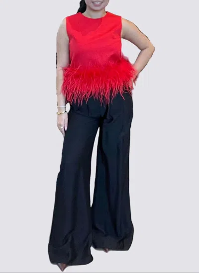 Jessie Liu Cotton Blended Sleeveless Top With Ostrich Feather Trim In Red In Pink