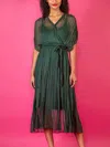 Jessie Liu Crinkle Silk Dress With Braided Detail In Deep Green In Green