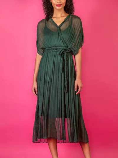 Jessie Liu Crinkle Silk Dress With Braided Detail In Deep Green
