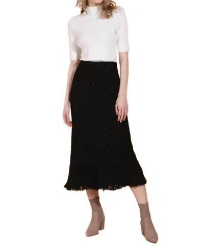 Jessie Liu Tweed Trumpet Raw Hem Midi Skirt In Black