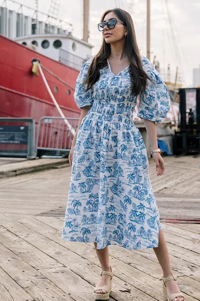 Jessie Zhao Leandra Blue Smocked V-neck Midi Dress