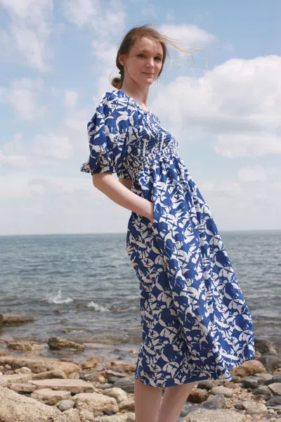 Jessie Zhao New York Animal World Smocked Cotton Silk Dress In Blue