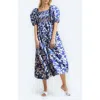 Jessie Zhao New York Animal World Smocked Cotton Silk Dress In Blue