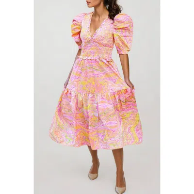 Jessie Zhao New York Astrid Marble Smocked Midi Dress In Pink