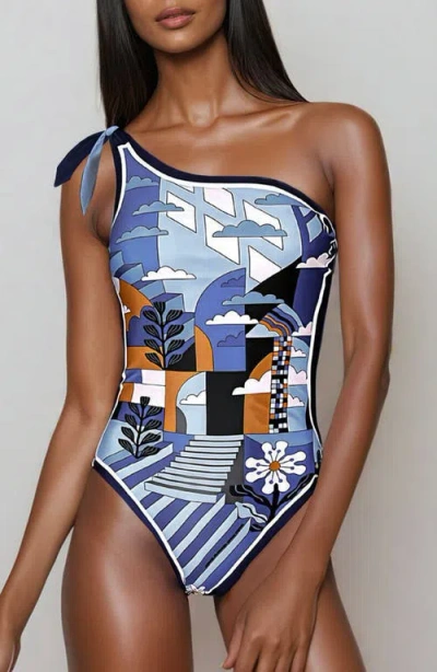 JESSIE ZHAO NEW YORK JESSIE ZHAO NEW YORK BLUE IMAGINATION REVERSIBLE ONE-SHOULDER SWIMSUIT