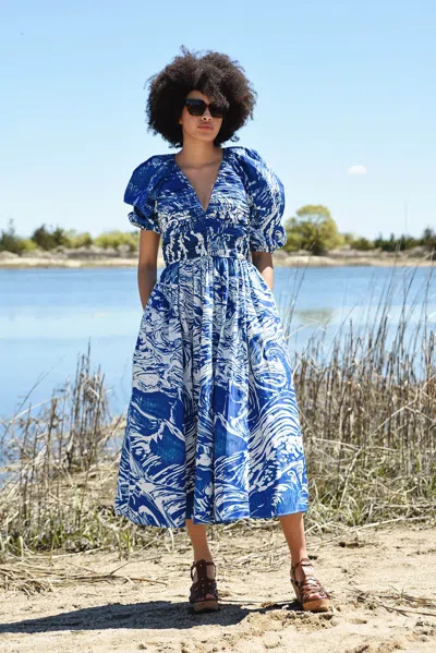 Jessie Zhao New York Blue Printmaking Taffeta Midi Dress