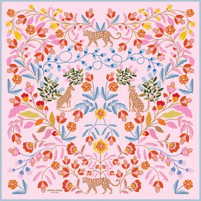 Jessie Zhao New York Double Sided Wool Silk Scarf Of Pink Blossom Jungle