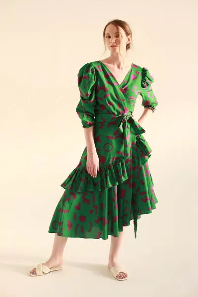 Jessie Zhao New York Green Garden Cotton Silk Wrap Dress
