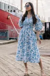 Jessie Zhao New York Leandra Blue Smocked V-neck Midi Dress