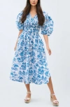 Jessie Zhao New York Leandra Blue Smocked V-neck Midi Dress In Blue