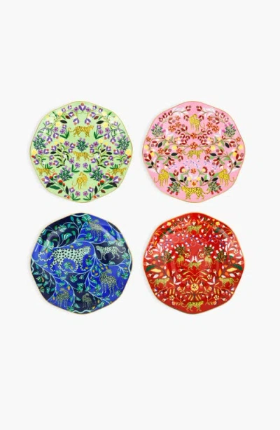 Jessie Zhao New York Leopards Forest Bone China Salad Plates, Set Of Four In Green/red/pink