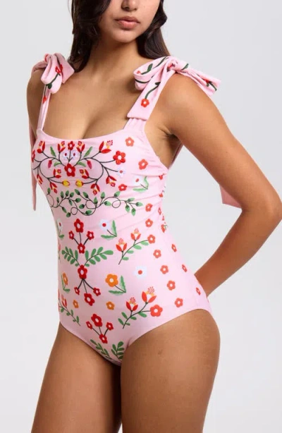 Jessie Zhao New York Pink Floral Harmony Embroidered Swimsuit