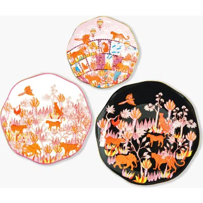 Jessie Zhao New York Travel Around World Bone China Plates, Set Of Three In Orange/black