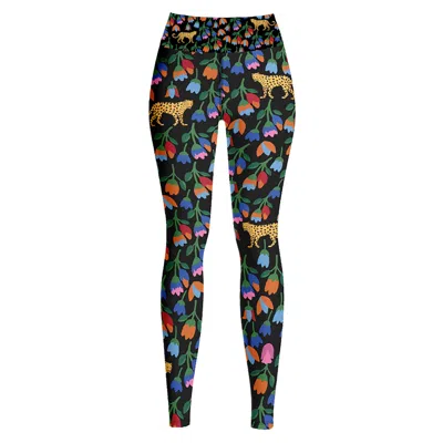 JESSIE ZHAO NEW YORK WOMEN'S BLACK HIGH WAIST YOGA LEGGINGS IN JUNGLE NIGHT
