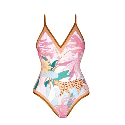 Jessie Zhao New York Women's Black / Pink Blush Jungle Reversible V-neck One-piece Swimsuit In Multi
