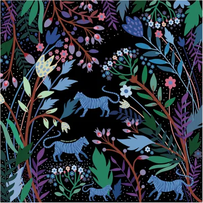 Jessie Zhao New York Women's Black Silk Scarf Of Purple Garden At Night