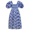 Jessie Zhao New York Animal World Smocked Cotton Silk Dress In Blue