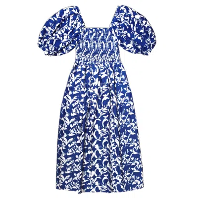 JESSIE ZHAO NEW YORK WOMEN'S BLUE ANIMAL WORLD SMOCKED COTTON SILK DRESS