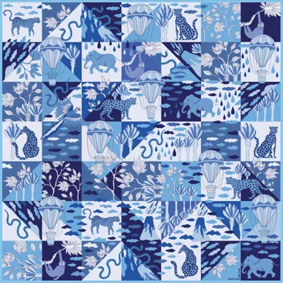 JESSIE ZHAO NEW YORK WOMEN'S BLUE DOUBLE SIDED SILK SCARF OF RAINFOREST IMAGINATION
