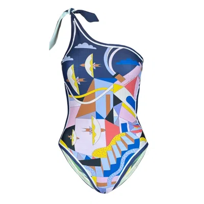 Jessie Zhao New York Women's Blue Dream Like Reversible One-shoulder One-piece Swimsuit In Blue/green