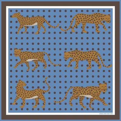 JESSIE ZHAO NEW YORK WOMEN'S BLUE / GREEN / BROWN DOUBLE SIDED WOOL SILK SCARF OF BLUE LEOPARDS GARDEN