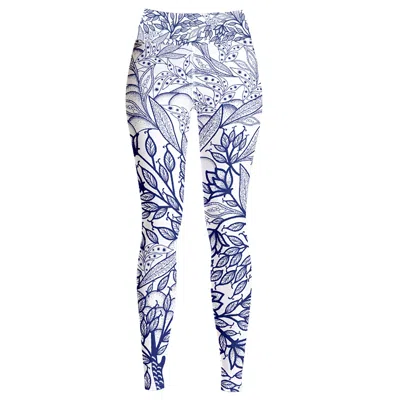 JESSIE ZHAO NEW YORK WOMEN'S BLUE HIGH WAIST YOGA LEGGINGS IN FLOWER DRAWING