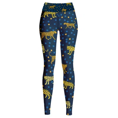 JESSIE ZHAO NEW YORK WOMEN'S BLUE HIGH WAIST YOGA LEGGINGS IN LEOPARDS LAND
