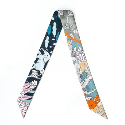 Jessie Zhao New York Women's Blue Silk Skinny Scarf Of World Travel
