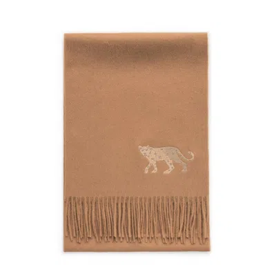 Jessie Zhao New York Women's Brown Cashmere Scarf With Leopard Embroidery - Camel In Orange