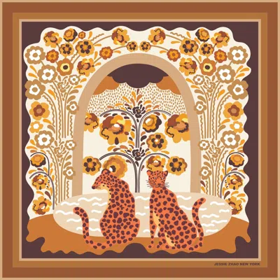JESSIE ZHAO NEW YORK WOMEN'S BROWN / GOLD / NEUTRALS DOUBLE SIDED WOOL SILK SCARF OF LEOPARDS WITH FLORAL FOUNTAIN