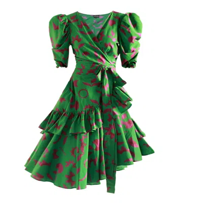 Jessie Zhao New York Women's Green Garden Cotton Silk Wrap Midi Dress