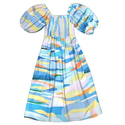 Jessie Zhao New York Women's Landscape Smocked Cotton Silk Dress In Blue
