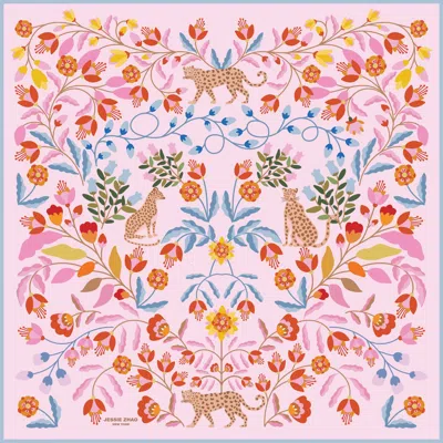 Jessie Zhao New York Women's Pink / Purple / Blue Double Sided Wool Silk Scarf Of Pink Blossom Jungle