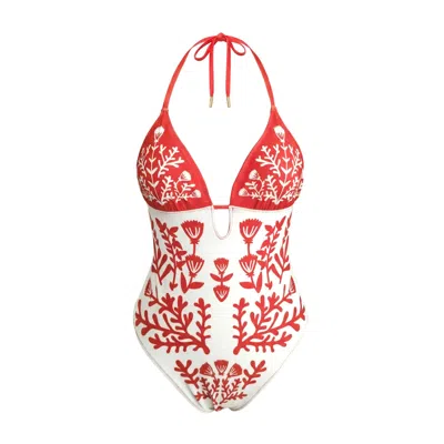 Jessie Zhao New York Women's Red / White Coral Garden Reversible One Piece Swimsuit