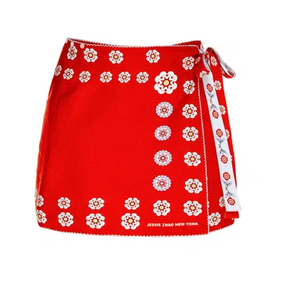 Jessie Zhao New York Women's Red / White Swim Cover Up Skirt-red Garden In Multi