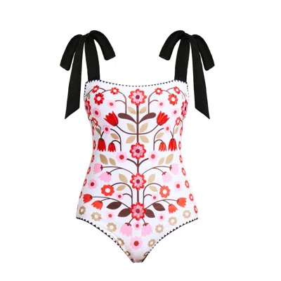 Jessie Zhao New York Women's White / Red Floral Symphony Embroidered Swimsuit In White/red