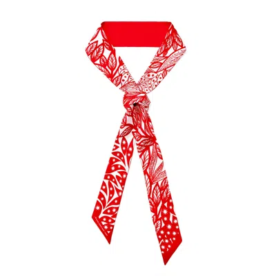 JESSIE ZHAO NEW YORK WOMEN'S WHITE / RED SILK SKINNY SCARF SCARLET TREE OF LIFE