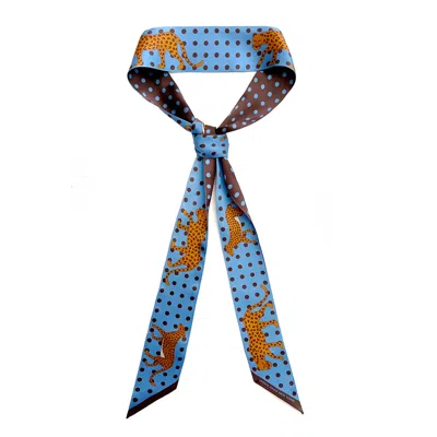 Jessie Zhao Silk Skinny Scarf Of Blue Leopards Garden