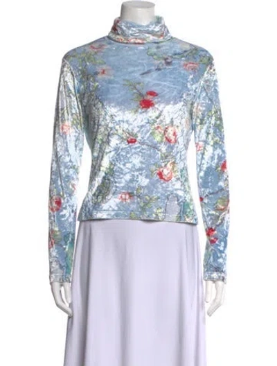 Pre-owned Jet Set Floral Print Turtleneck Top In Blue