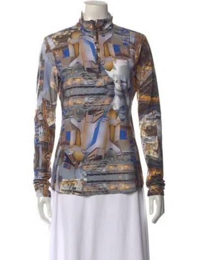 Pre-owned Jet Set Graphic Print Mock Neck Top In Multicolor