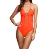 Jets By Jessika Allen Plunge Lace Up Halter One Piece Swimsuit In Orange In Orange