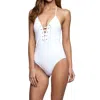 Jets By Jessika Allen Plunge Lace Up Halter One Piece Swimsuit In White In White
