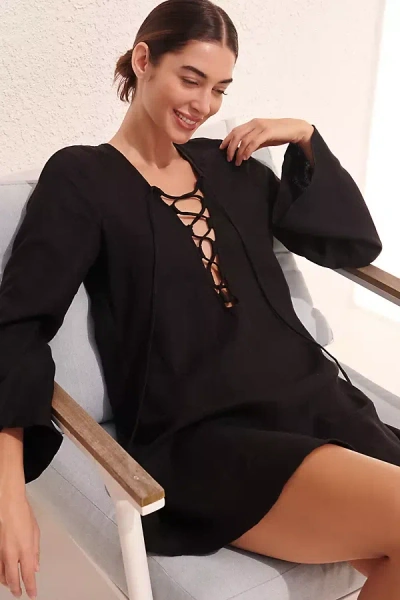 Jets Joali Tie-front Linen Cover-up Mini Dress In Black