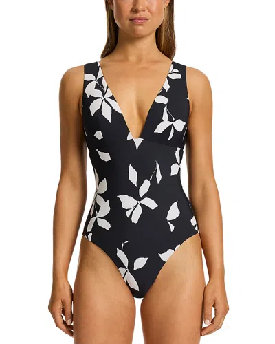 Jets Plunge Neck One Piece Swimsuit In Black