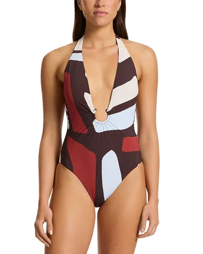 Jets Plunging Neck One Piece Swimsuit In Ruby