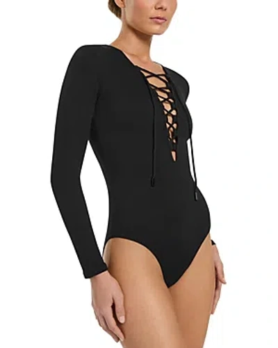 Jets Tie Front Long Sleeve One Piece Swimsuit In Black